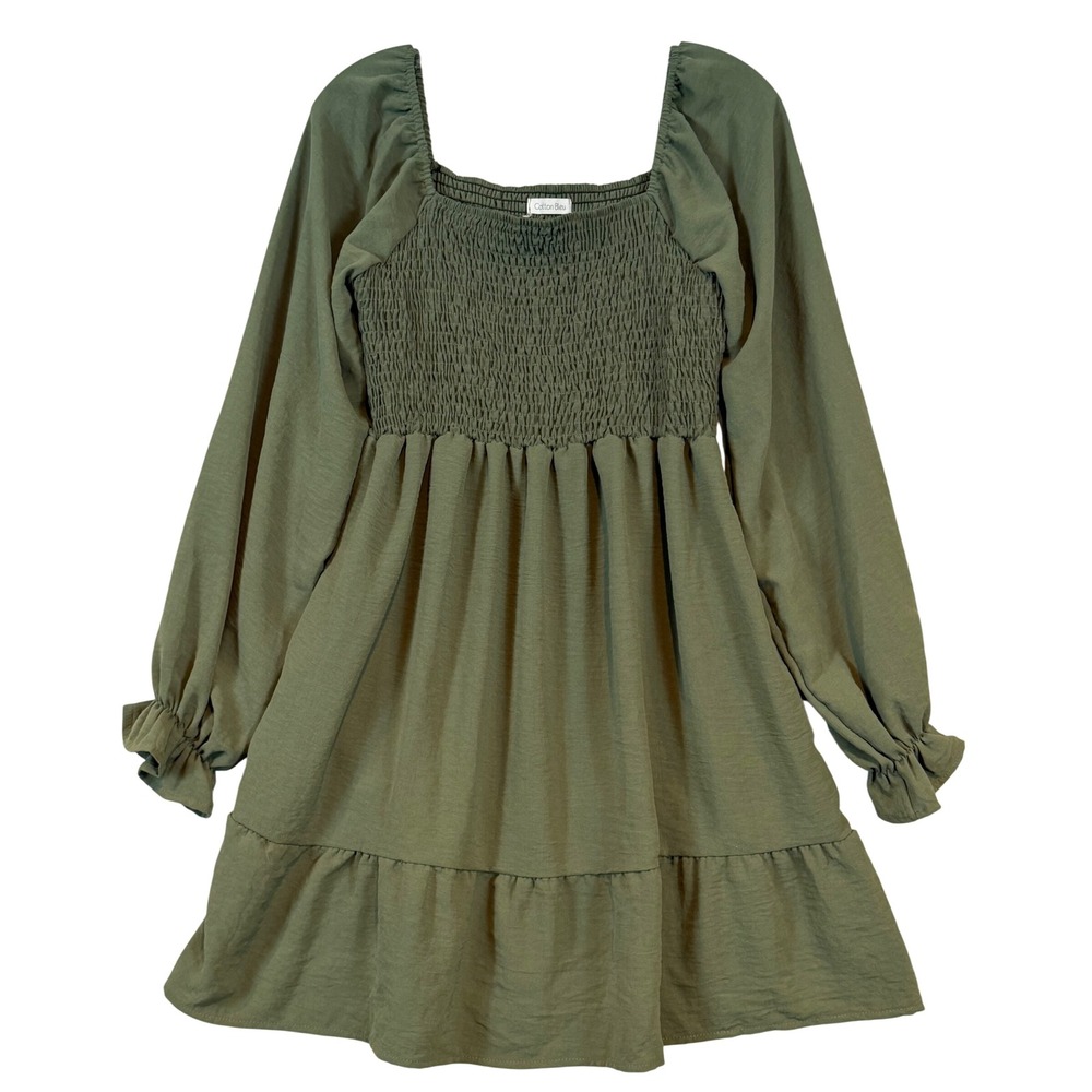 Cotton Bleu Olive Green Smocked Square Neck Ruffle Mini Dress •S• Cottagecore